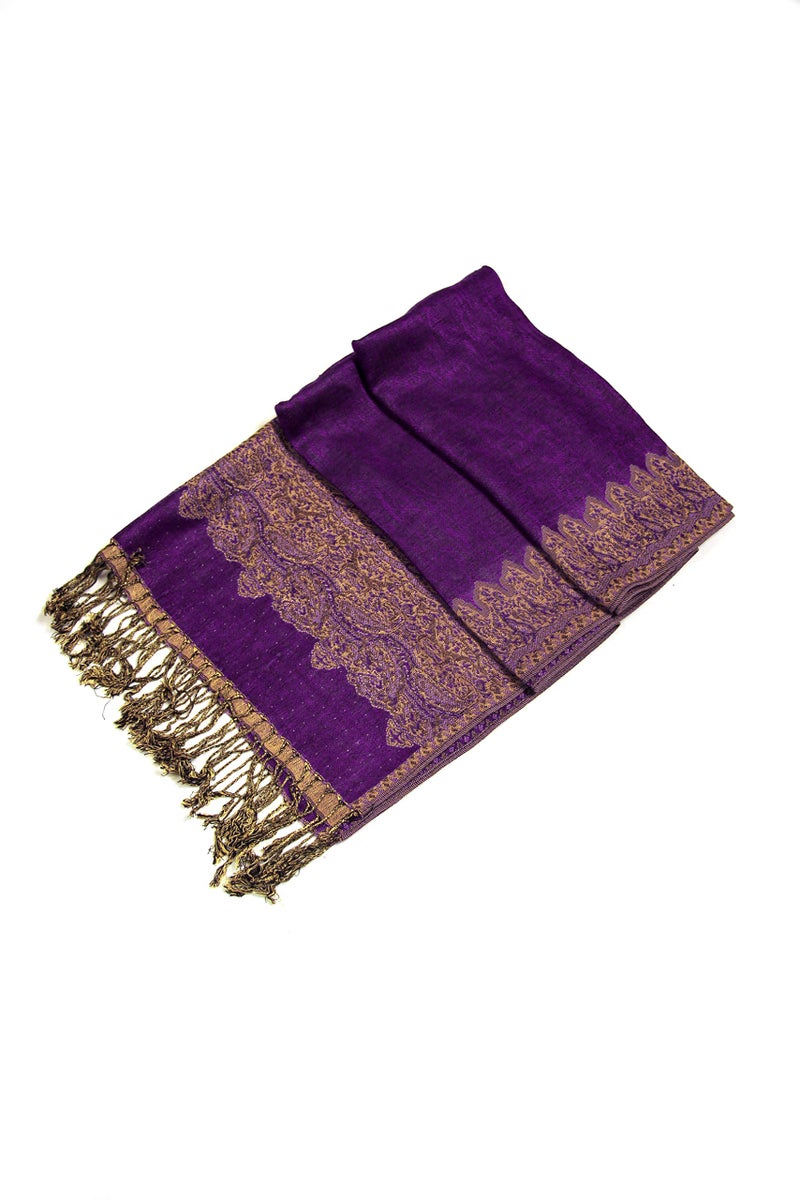 Sakkas Border Pattern Layered Reversible Woven Pashmina Shawl Scarf Wrap Stole - Purple - Image 1